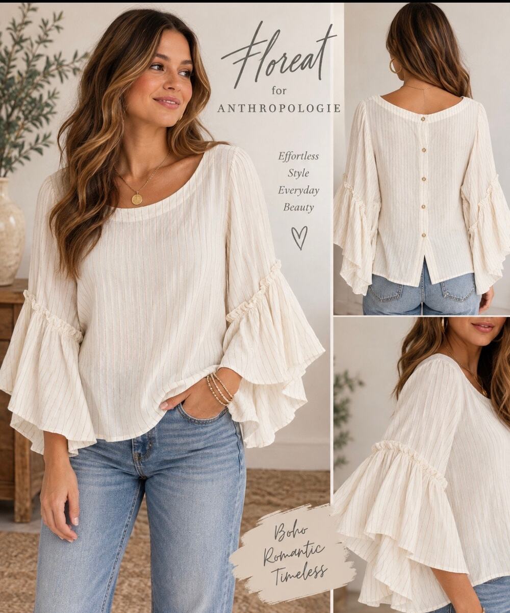 Floreat Anthropologie Blouse Large Ivory Gold Stripe Ruffle Bell Sleeve Boho